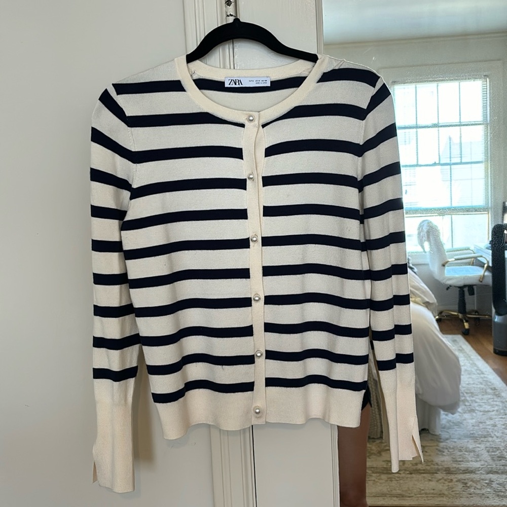 Zara navy and cream striped cardigan with pearl buttons